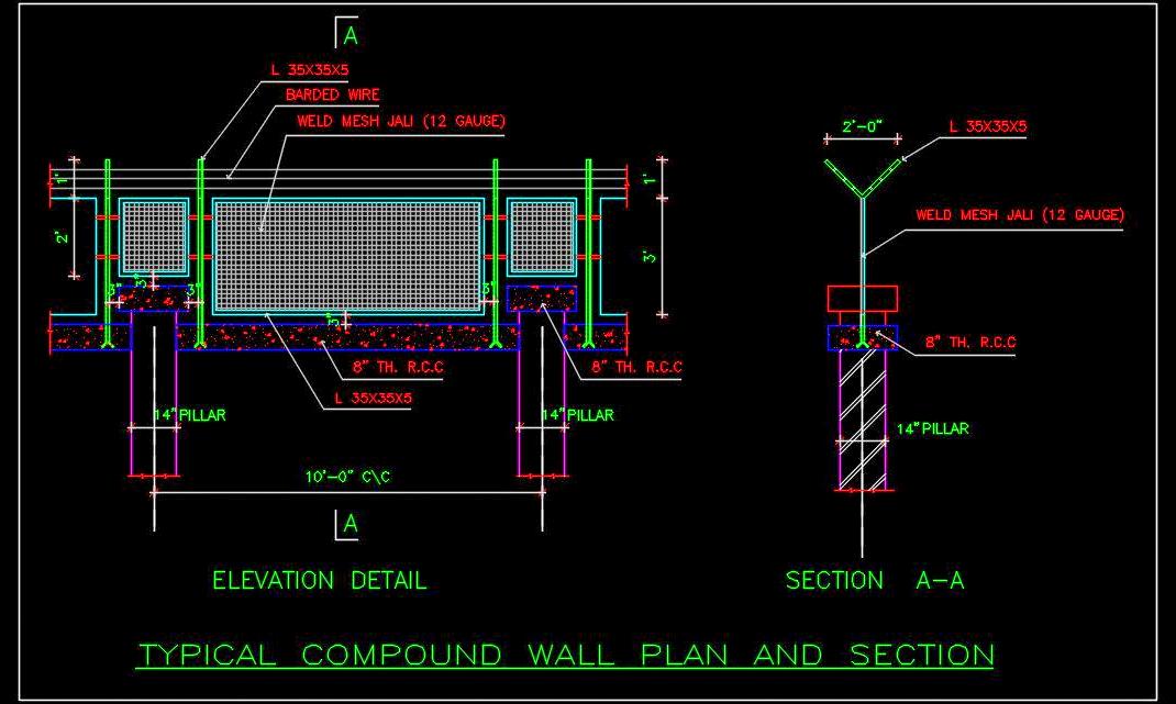 Compound Wall Design CAD File with Brick and RCC